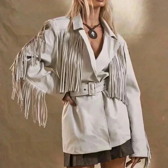 Jackets & Blazers - Beige Casual Women's Western Boho Fringe Woven Fabric Jacket